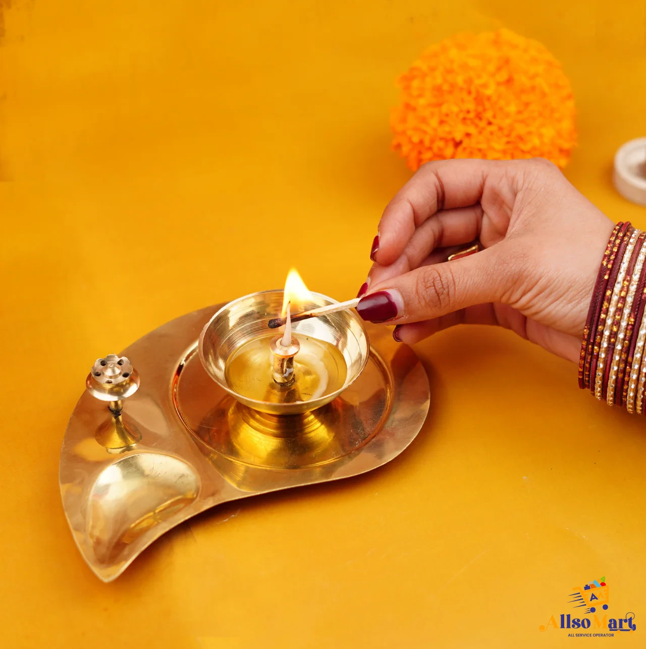 Brass and Glass Akhand Diya with Agarbatti Stand