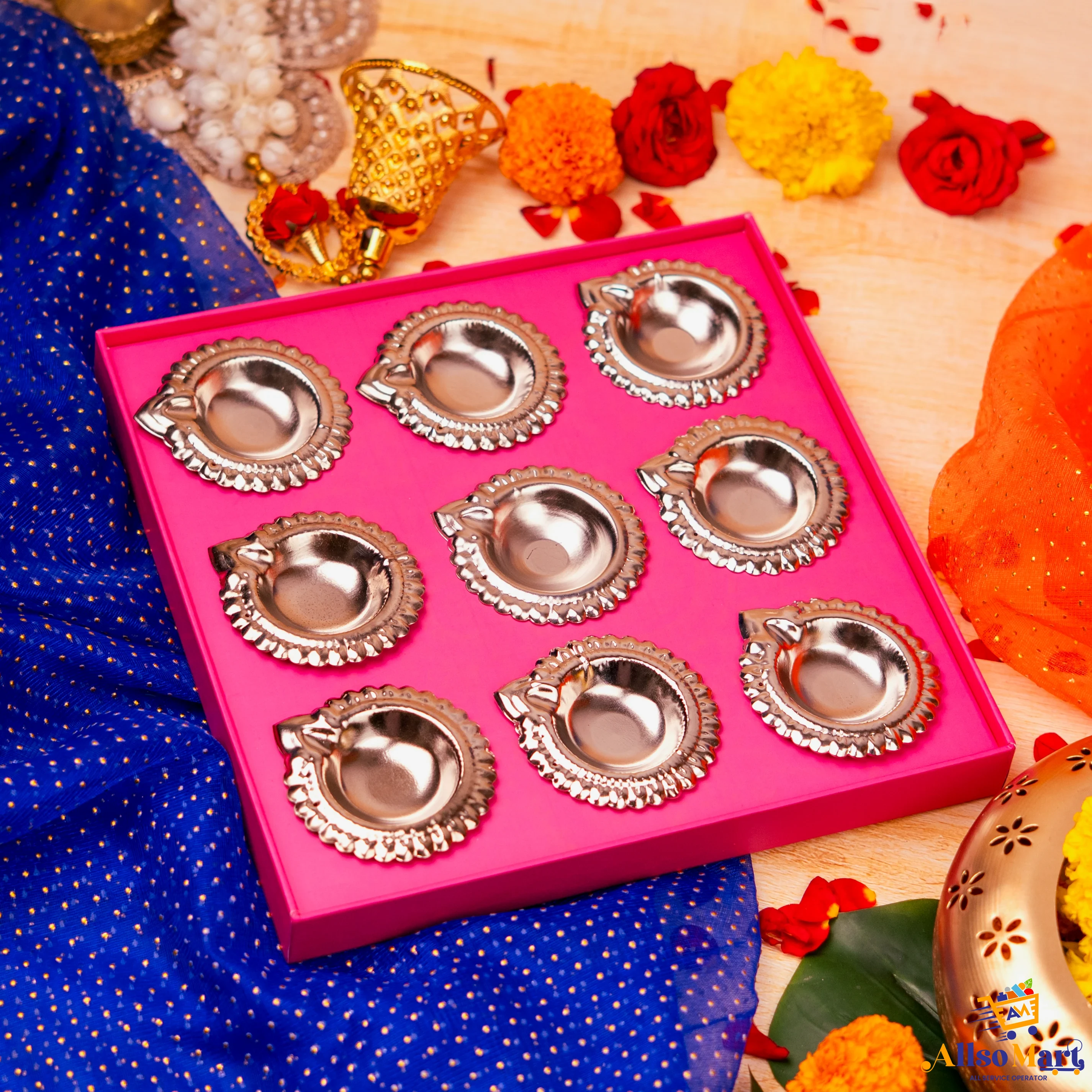 Silver Plated Decorative Diya Gift Set (Set of 9 Diyas)